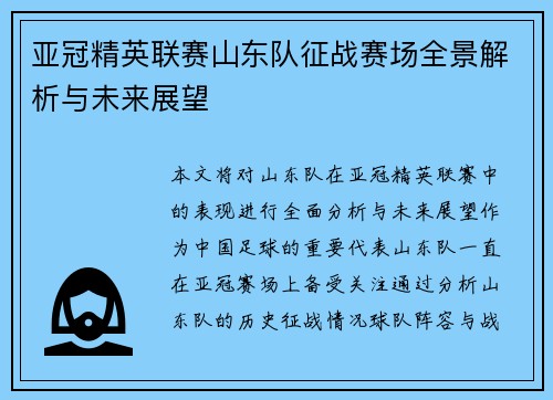 亚冠精英联赛山东队征战赛场全景解析与未来展望